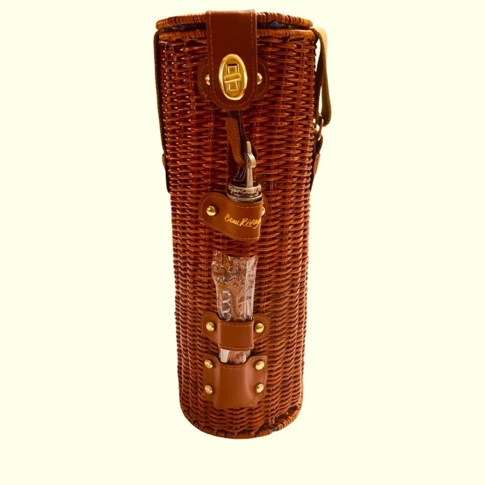VTG Beau Rivage Wicker Wine BottleHolder Carrier Picnic Case w/Strap & Corkscrew